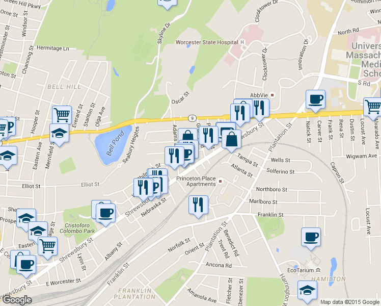 map of restaurants, bars, coffee shops, grocery stores, and more near 3 Imperial Place in Worcester