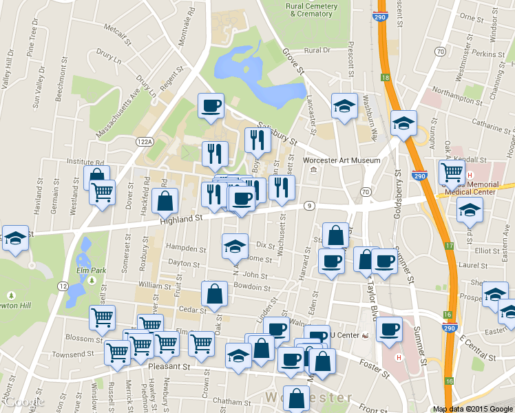 map of restaurants, bars, coffee shops, grocery stores, and more near 5 Dean Street in Worcester