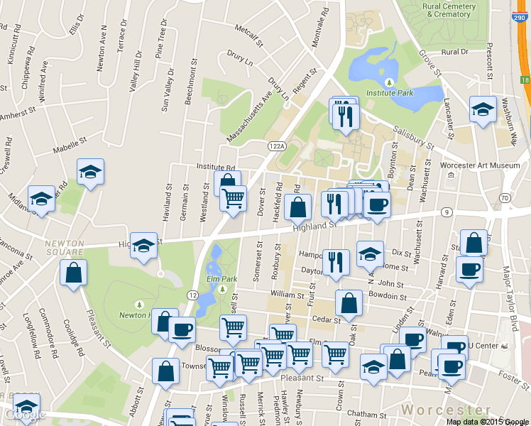 map of restaurants, bars, coffee shops, grocery stores, and more near 8 Hackfeld Road in Worcester