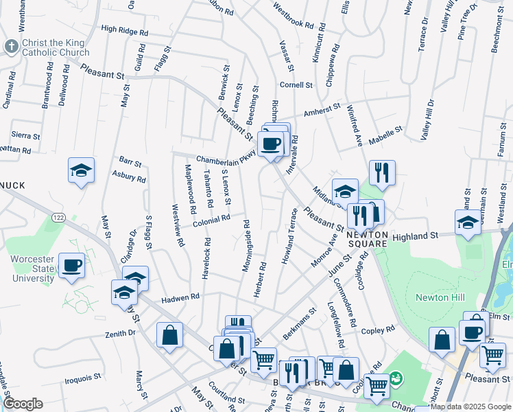 map of restaurants, bars, coffee shops, grocery stores, and more near 26 Saint Elmo Road in Worcester