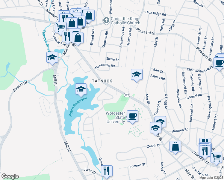 map of restaurants, bars, coffee shops, grocery stores, and more near 556 Chandler Street in Worcester