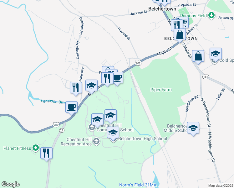 map of restaurants, bars, coffee shops, grocery stores, and more near 2-10 Stadler Street in Belchertown