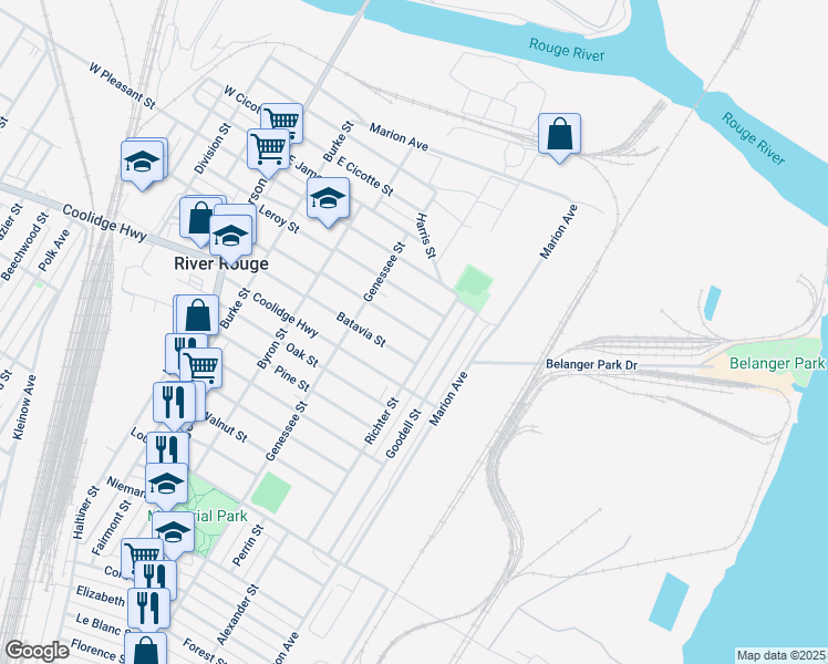 map of restaurants, bars, coffee shops, grocery stores, and more near in River Rouge