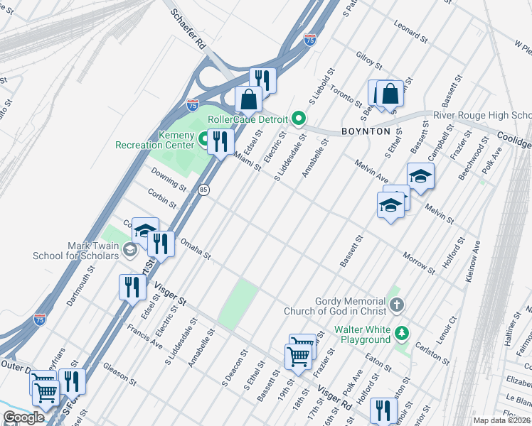 map of restaurants, bars, coffee shops, grocery stores, and more near 2180 Annabelle Street in Detroit