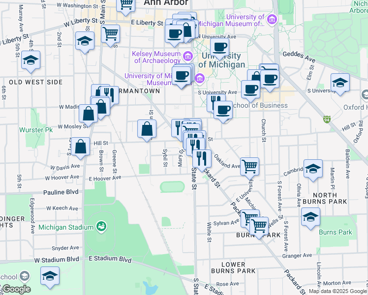 map of restaurants, bars, coffee shops, grocery stores, and more near in Ann Arbor