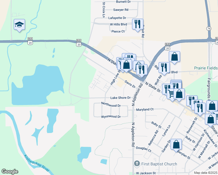 map of restaurants, bars, coffee shops, grocery stores, and more near 236 High Line Street in Belvidere