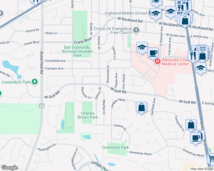 map of restaurants, bars, coffee shops, grocery stores, and more near 899 Roosevelt Drive in Libertyville