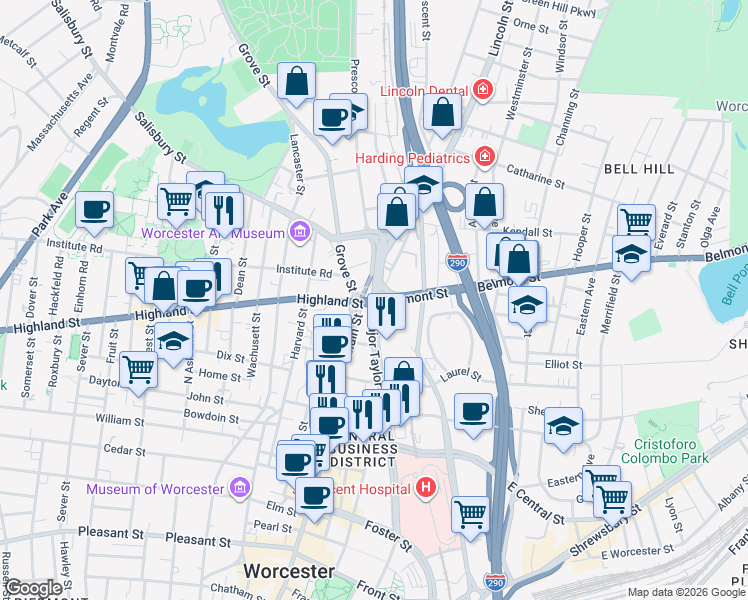 map of restaurants, bars, coffee shops, grocery stores, and more near 2 Lincoln Street in Worcester