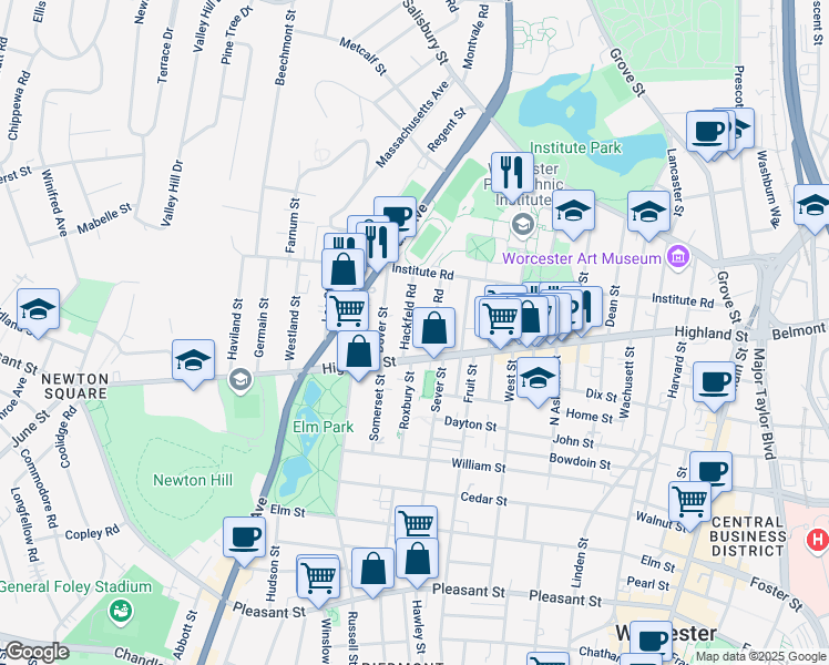 map of restaurants, bars, coffee shops, grocery stores, and more near 8 Hackfeld Road in Worcester
