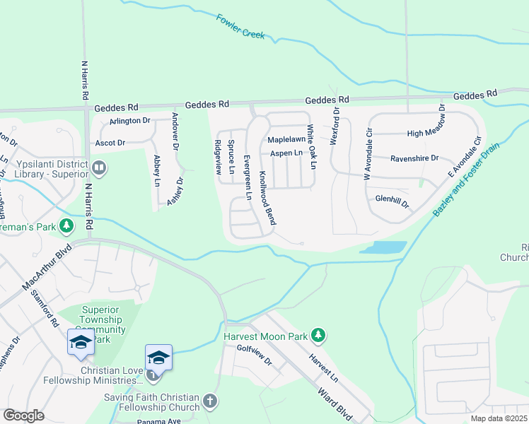 map of restaurants, bars, coffee shops, grocery stores, and more near 1831 Knollwood Bend in Ypsilanti