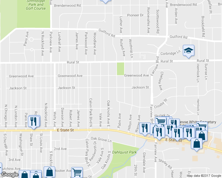 map of restaurants, bars, coffee shops, grocery stores, and more near 429 Oak Knolls Avenue East in Rockford