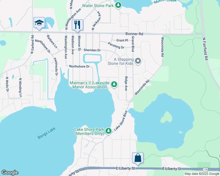 map of restaurants, bars, coffee shops, grocery stores, and more near 803 Lakeshore Drive in Wauconda