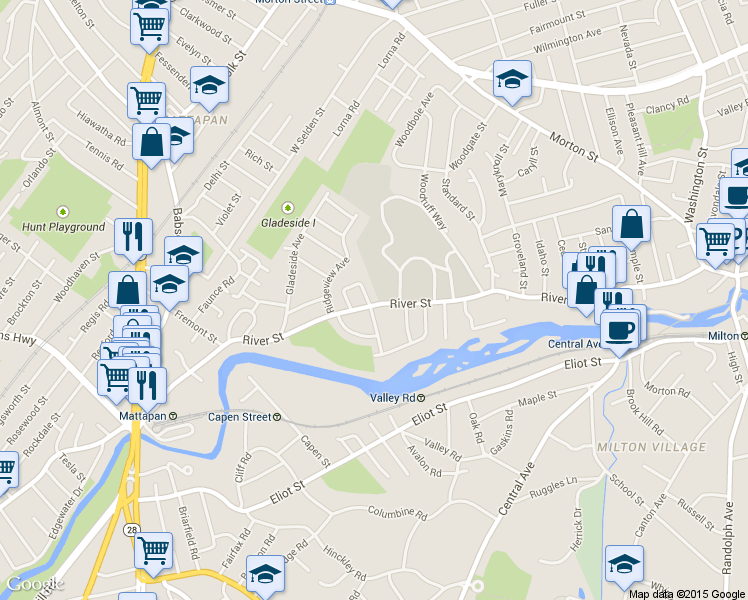 map of restaurants, bars, coffee shops, grocery stores, and more near 1 Newcroft Circle in Boston