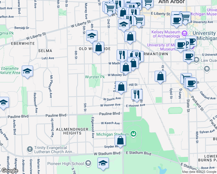 map of restaurants, bars, coffee shops, grocery stores, and more near 406 Nob Hill Court in Ann Arbor
