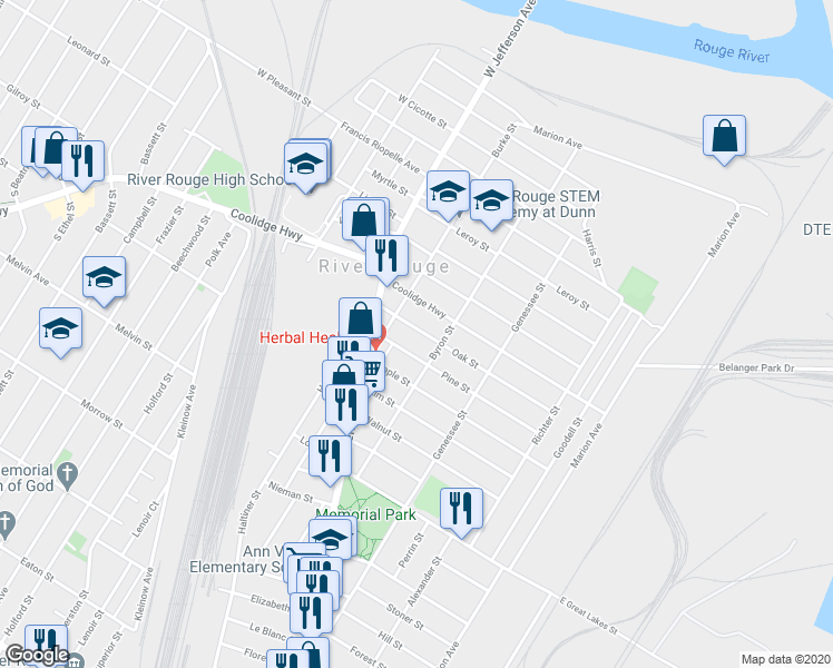 map of restaurants, bars, coffee shops, grocery stores, and more near 48 Oak Street in River Rouge