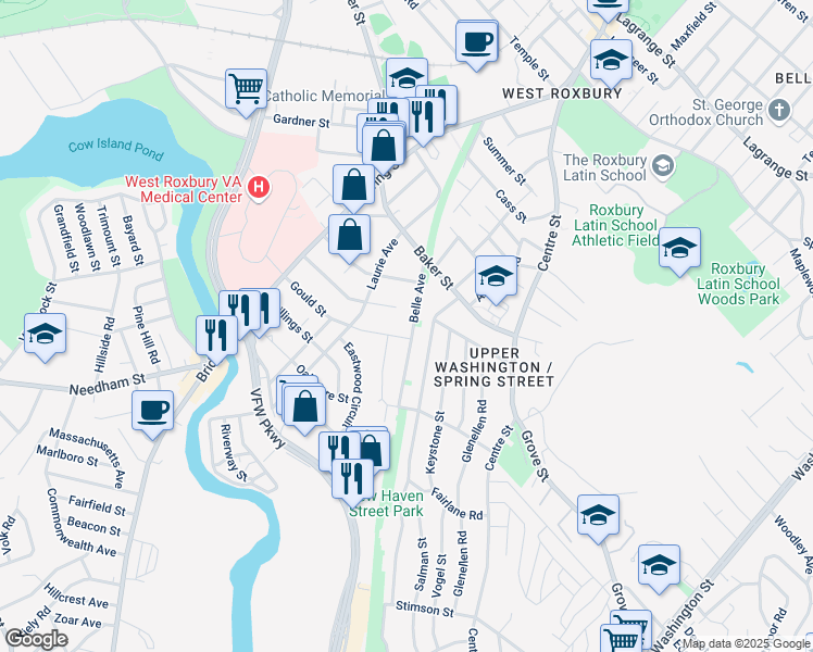 map of restaurants, bars, coffee shops, grocery stores, and more near 55 Belle Avenue in Boston