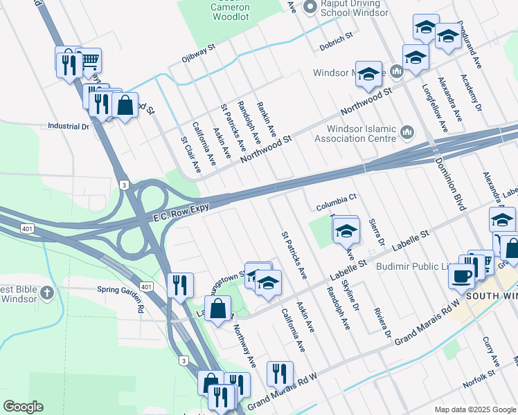 map of restaurants, bars, coffee shops, grocery stores, and more near 2534 Askin Avenue in Windsor