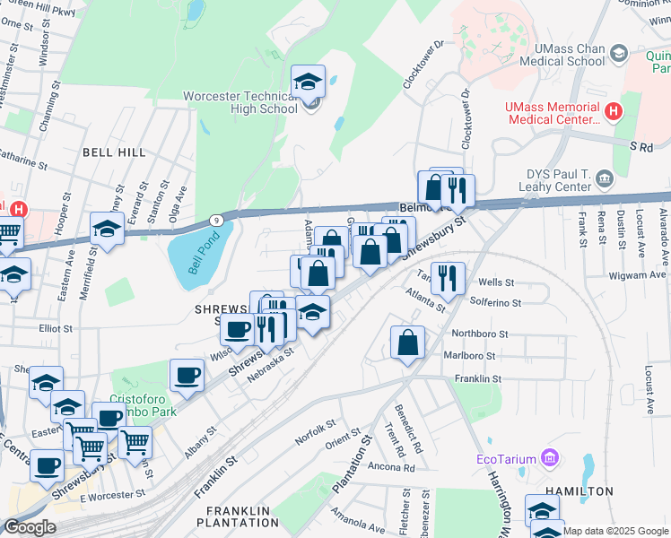 map of restaurants, bars, coffee shops, grocery stores, and more near 10 Imperial Road in Worcester