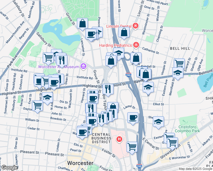 map of restaurants, bars, coffee shops, grocery stores, and more near 7 Belmont Street in Worcester