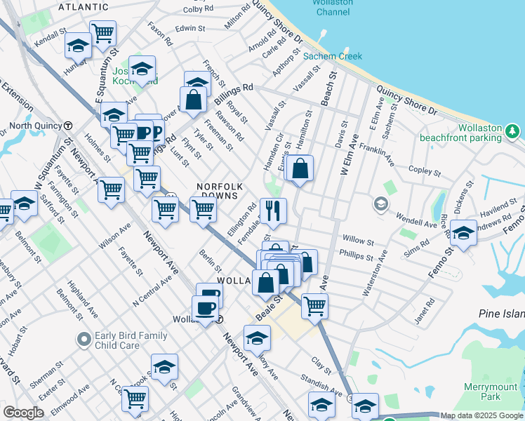 map of restaurants, bars, coffee shops, grocery stores, and more near 60 Ferndale Road in Quincy