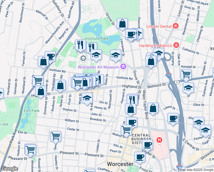 map of restaurants, bars, coffee shops, grocery stores, and more near 5 Dean Street in Worcester