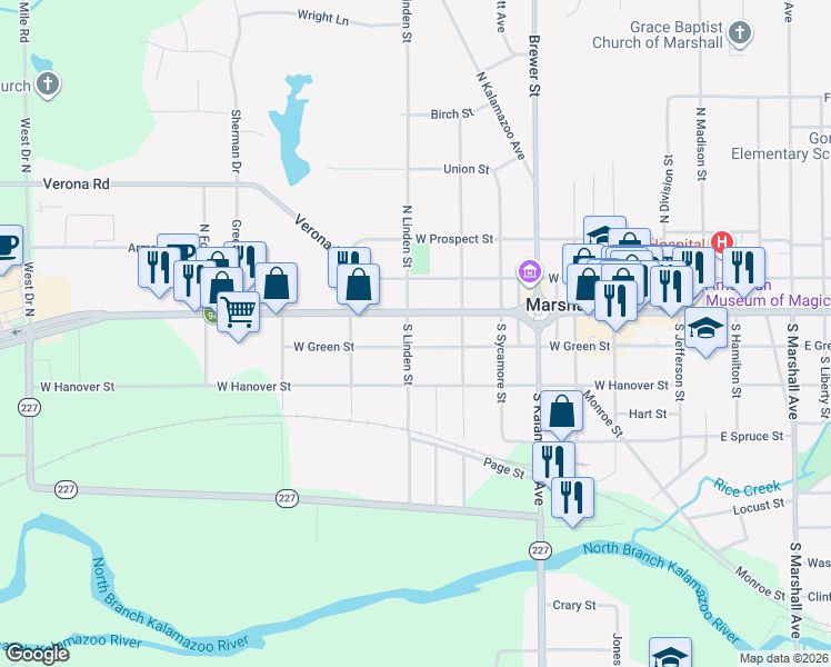 map of restaurants, bars, coffee shops, grocery stores, and more near 111 South Linden Street in Marshall