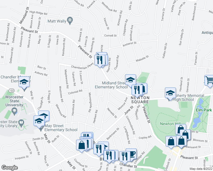 map of restaurants, bars, coffee shops, grocery stores, and more near 7 Hadwen Lane in Worcester