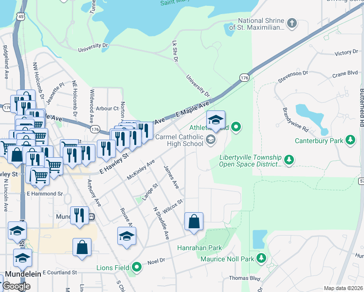 map of restaurants, bars, coffee shops, grocery stores, and more near 847 McKinley Avenue in Mundelein