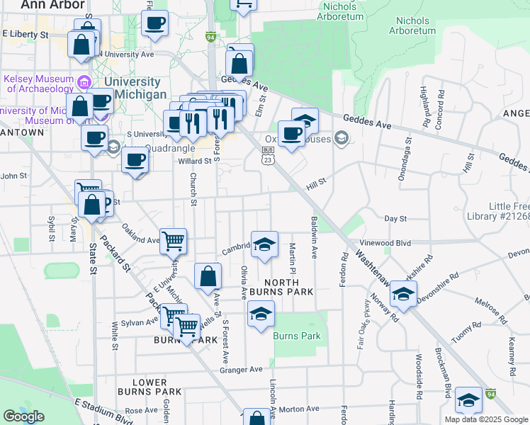 map of restaurants, bars, coffee shops, grocery stores, and more near 900 Lincoln Avenue in Ann Arbor