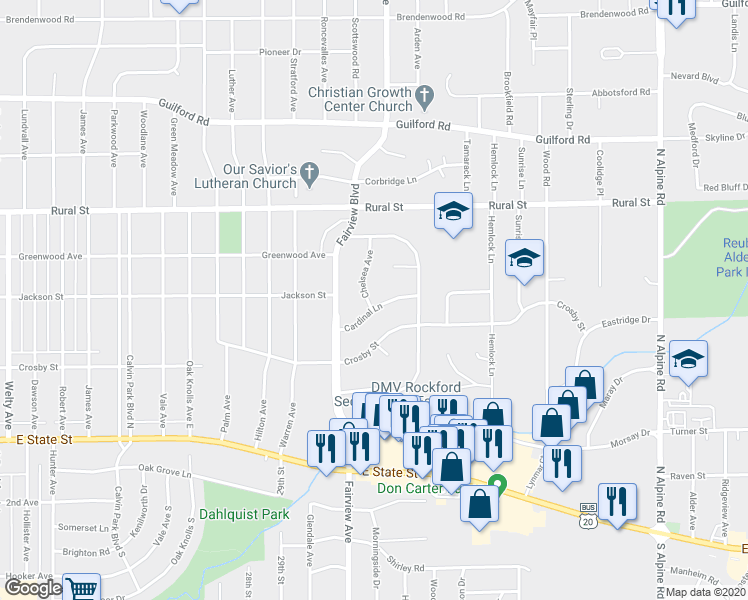 map of restaurants, bars, coffee shops, grocery stores, and more near 3604 Cardinal Lane in Rockford