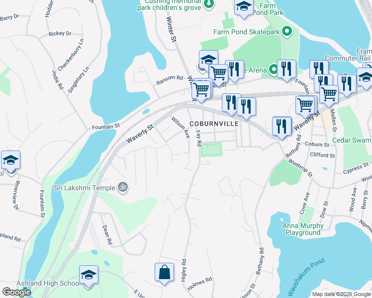 map of restaurants, bars, coffee shops, grocery stores, and more near 79 Wilson Avenue in Framingham