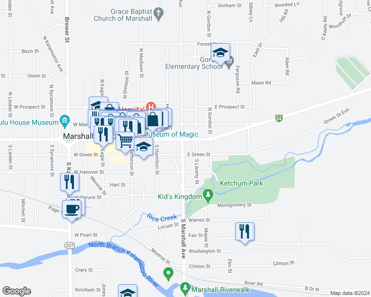 map of restaurants, bars, coffee shops, grocery stores, and more near 113 South Marshall Avenue in Marshall