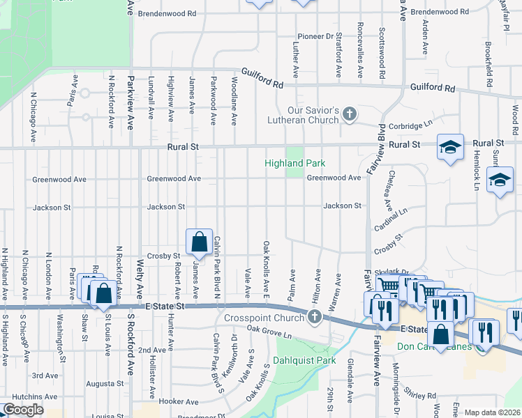 map of restaurants, bars, coffee shops, grocery stores, and more near 2915 Jackson Street in Rockford