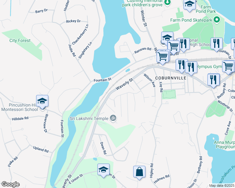 map of restaurants, bars, coffee shops, grocery stores, and more near 47 Vose Street in Framingham
