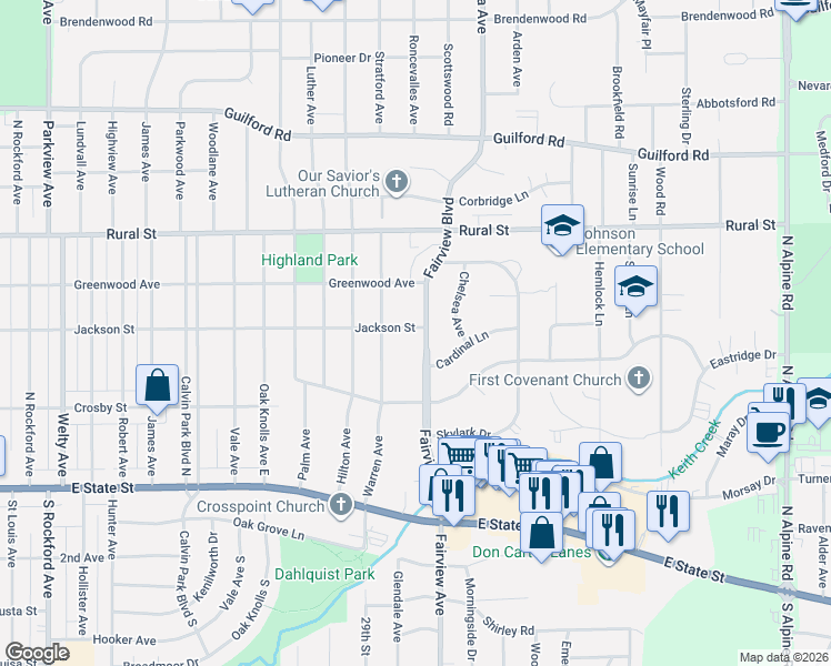 map of restaurants, bars, coffee shops, grocery stores, and more near 3415 Jackson Street in Rockford
