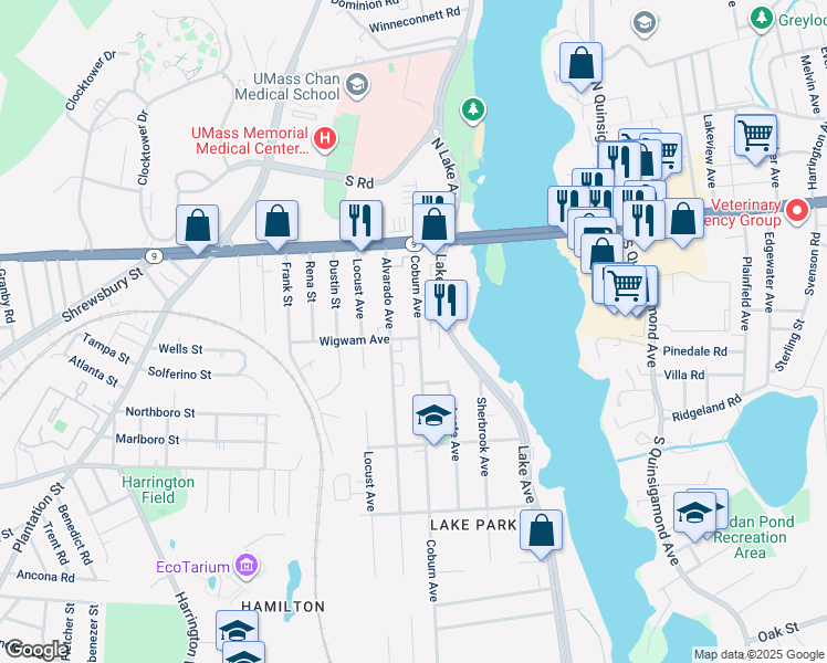 map of restaurants, bars, coffee shops, grocery stores, and more near 58 Coburn Avenue in Worcester