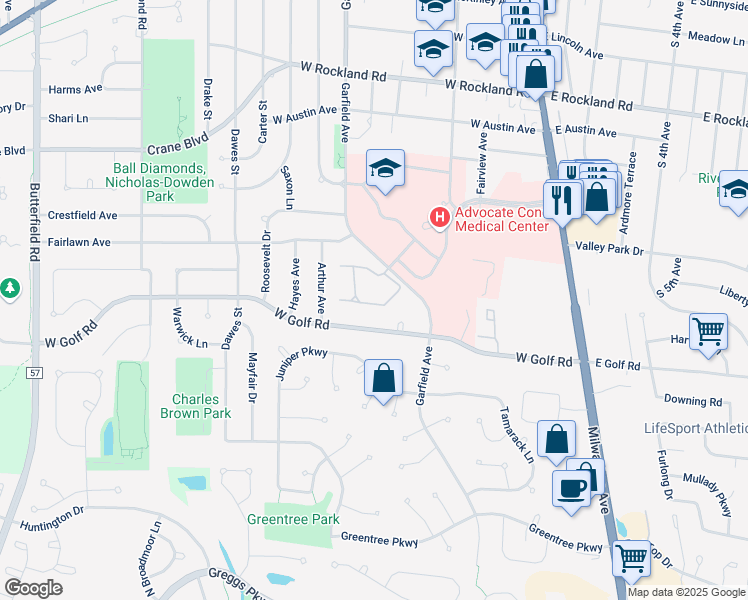 map of restaurants, bars, coffee shops, grocery stores, and more near 841 Garfield Avenue in Libertyville