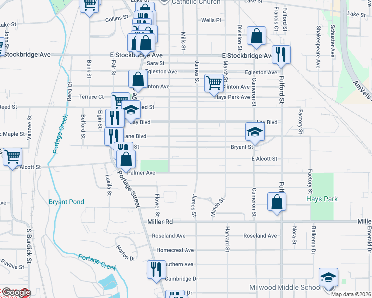 map of restaurants, bars, coffee shops, grocery stores, and more near 1120 Bryant Street in Kalamazoo
