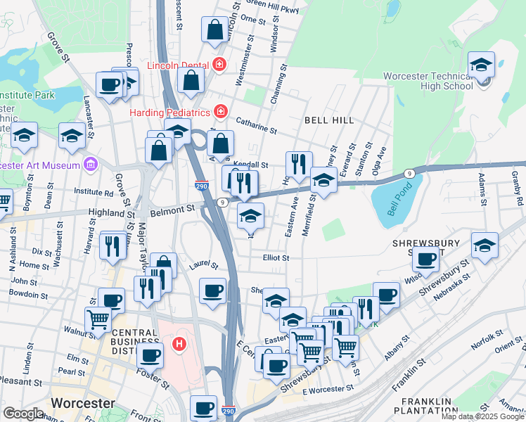 map of restaurants, bars, coffee shops, grocery stores, and more near 7 Earle Terrace in Worcester