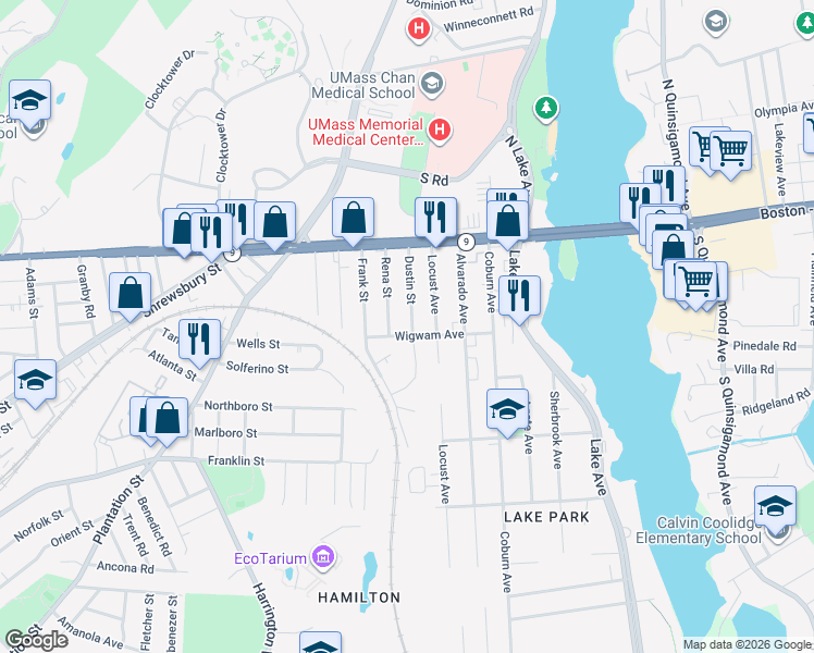 map of restaurants, bars, coffee shops, grocery stores, and more near 66 Dustin Street in Worcester