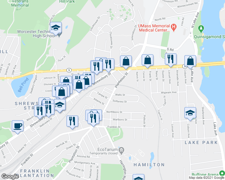map of restaurants, bars, coffee shops, grocery stores, and more near 335 Plantation Street in Worcester