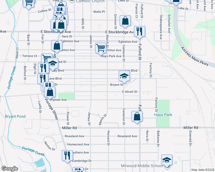 map of restaurants, bars, coffee shops, grocery stores, and more near 1400 Bryant Street in Kalamazoo