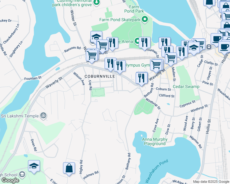 map of restaurants, bars, coffee shops, grocery stores, and more near 10R Desoto Avenue in Framingham