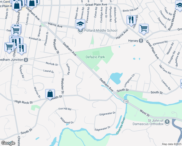 map of restaurants, bars, coffee shops, grocery stores, and more near 397 Dedham Avenue in Needham