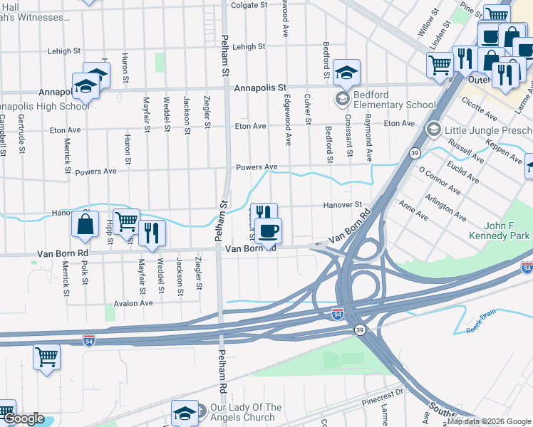 map of restaurants, bars, coffee shops, grocery stores, and more near 5620 Kingston Street in Dearborn Heights