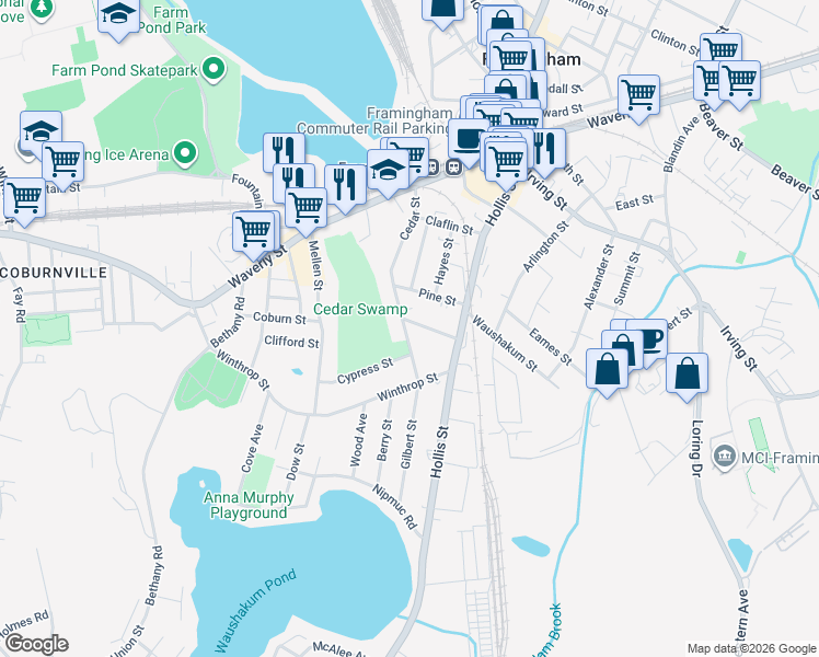 map of restaurants, bars, coffee shops, grocery stores, and more near 38 Charles Street in Framingham