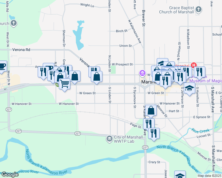 map of restaurants, bars, coffee shops, grocery stores, and more near 111 South Linden Street in Marshall