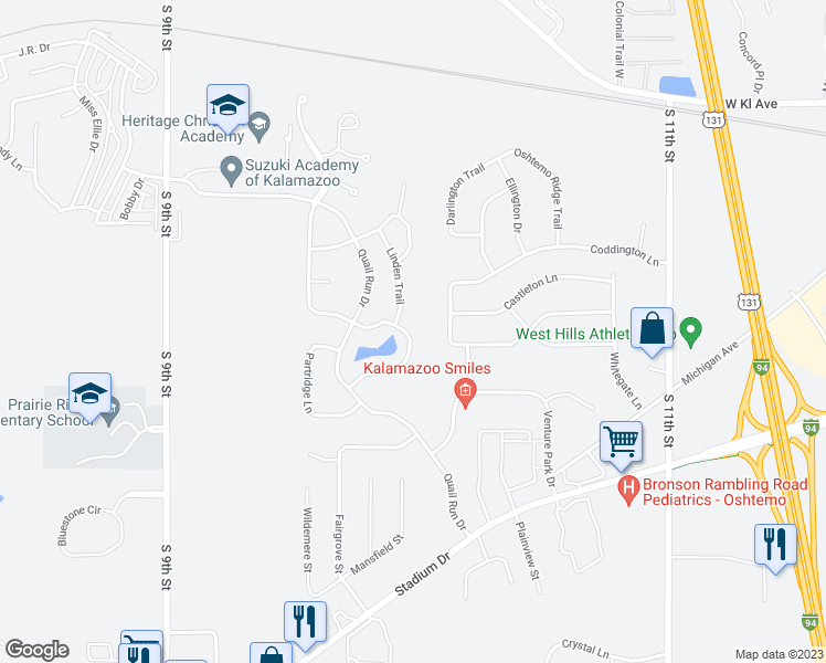 map of restaurants, bars, coffee shops, grocery stores, and more near 1940 Quail Cove Drive in Kalamazoo
