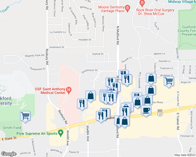 map of restaurants, bars, coffee shops, grocery stores, and more near 383 Gramercy Drive in Rockford