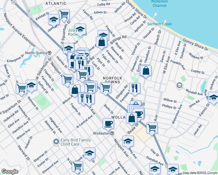 map of restaurants, bars, coffee shops, grocery stores, and more near 20 Cheriton Road in Quincy